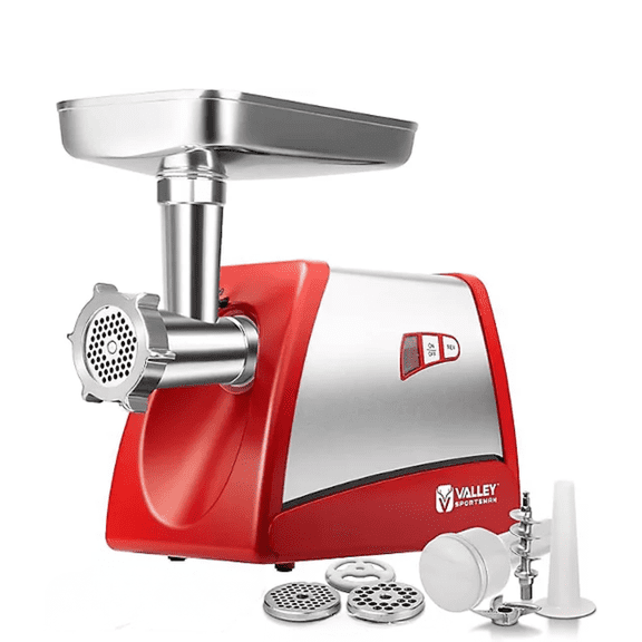 Valley Sportsman #8 Stainless Steel Meat Grinder - 575-Watt Electric Sausage Maker with Accessories, Fashion Red, Ideal for Home Use