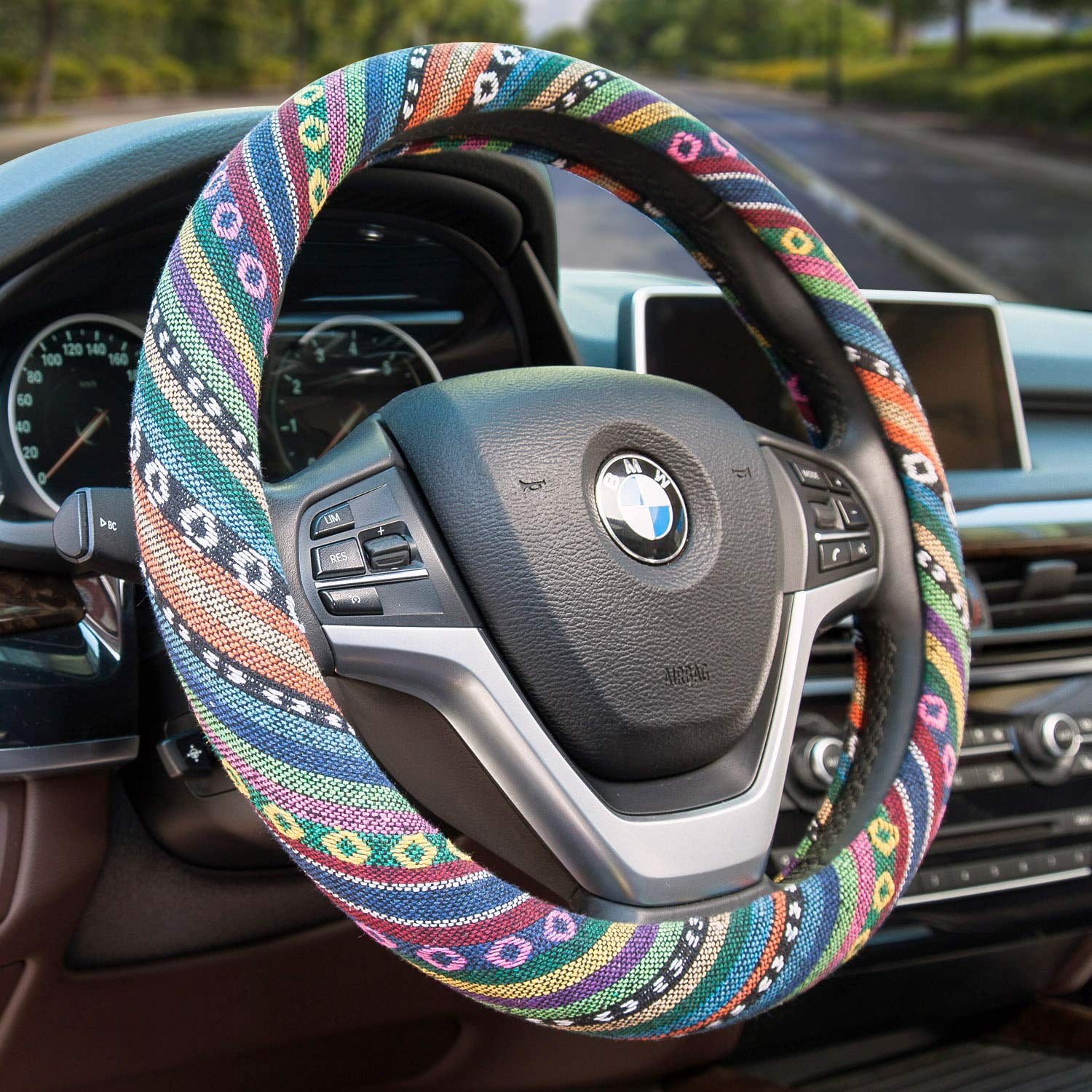 Valleycomfy Boho Steering Wheel Covers for Women Cloth Bohemian Universal  15 inch Baja Blanket Enthic