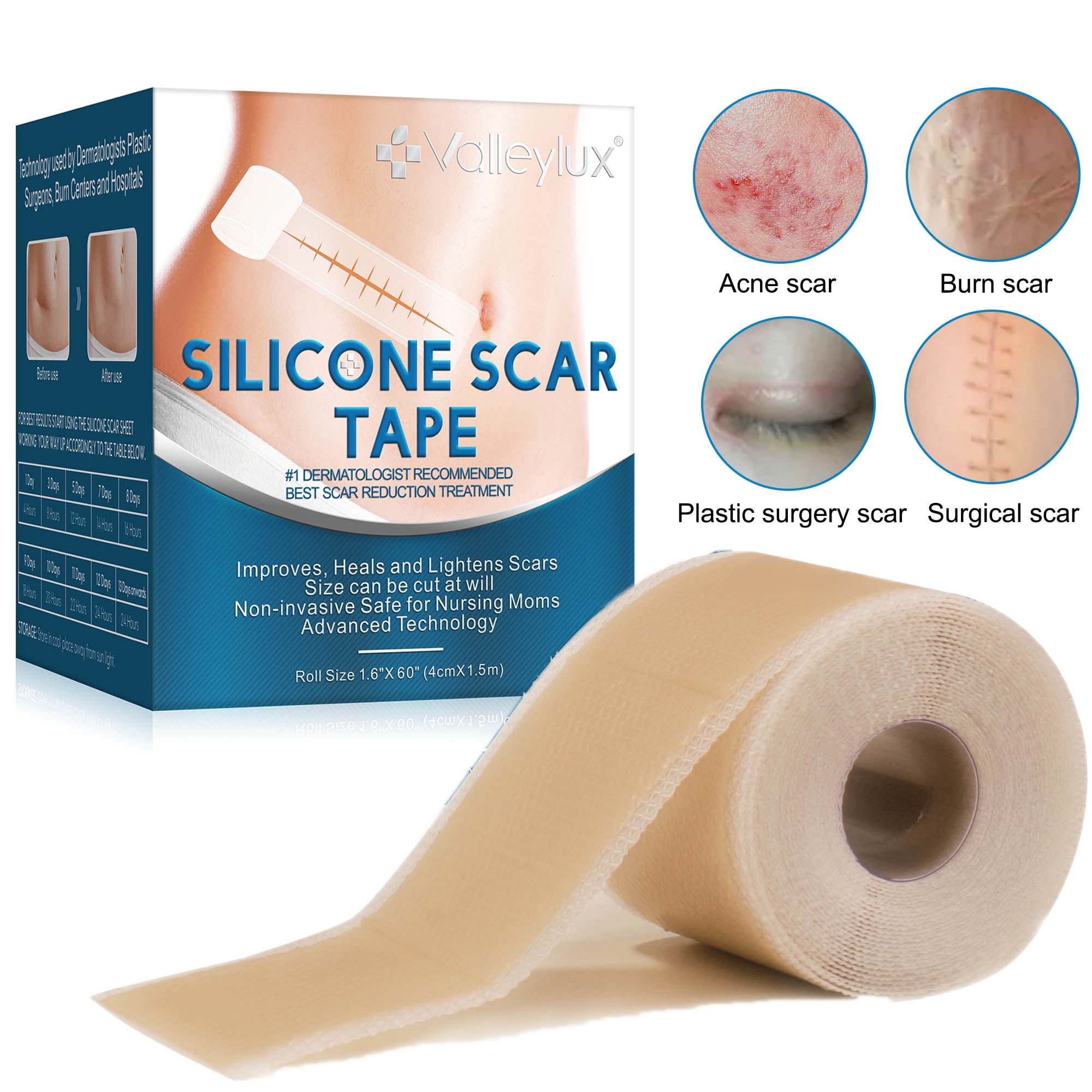 Valleylux Silicone Scar Tape Roll(1.5M),Medical-Grade Silicone Scar  sheets,Scar Sheets For Surgical Scars