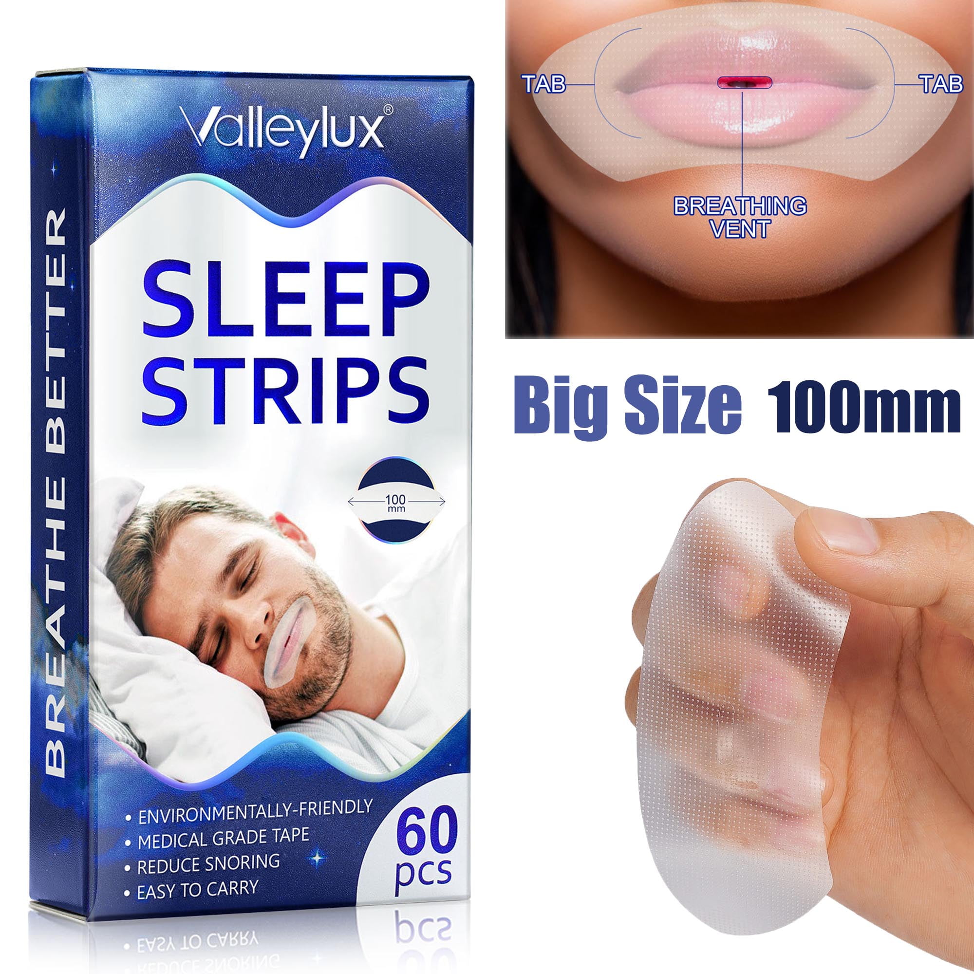 Valleylux Mouth Tape 60PCS Snore Strips 100mm Large Size Snore Stopper  Sleep Strips Better Nose Breathing Relieve Mouth Dryness