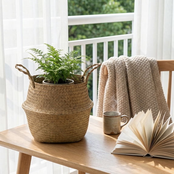 Vallivelle 13.8" W × 12.2" H Woven Seagrass Belly Basket - 10.6" Opening Natural Round Plant Basket with Handles & Foldable Woven Design - Storage Basket for Planter, Blanket, Toy & Home Organization