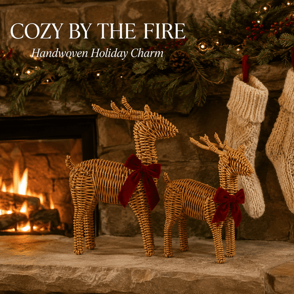 Vallivelle 2PCS Woven Rattan Reindeer Christmas Decor Set - 11.8" & 9.4" Wicker Deer Figurines with Velvet Bows - Farmhouse Xmas Gifts Indoor Christmas Decorations for Home, Mantel, Shelf & Entryway