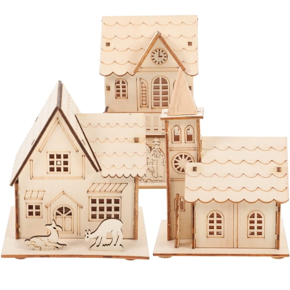Vallivelle 3 Pcs Christmas Village Houses - Led Light Wooden Houses with Batteries, Unfinished Rustic Village Decor - Perfect for Christmas Table Centerpieces, Xmas Party Decorations,DIY Crafts