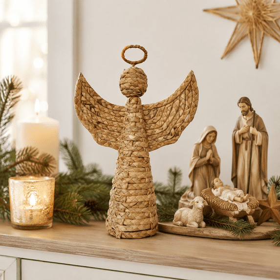 Vallivelle Handwoven Water Hyacinth Angel Christmas Decor - 13.4" Woven Rattan Angel Religious Tabletop Figurine for Nativity Scene, Mantel, Shelf and Farmhouse Christmas Decorations Indoor Display A