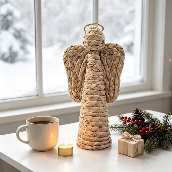Vallivelle Handwoven Water Hyacinth Angel Christmas Decor - 9.8" Woven Rattan Angel Religious Tabletop Figurine for Nativity Scene, Mantel, Shelf and Farmhouse Christmas Decorations Indoor Display A