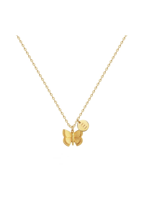 14K Gold Plated Letter Script Initial Butterfly Pendant Necklace with Round Disk for Women Gift
