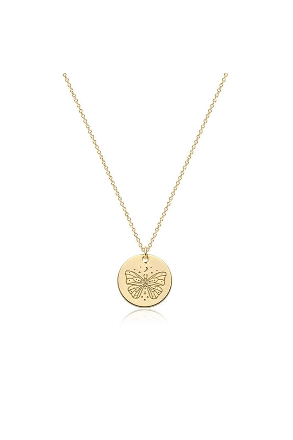 14K Gold Plated Personalized Coin Disc Celestial Patterned Engraved Pendant Chain Necklace for Women