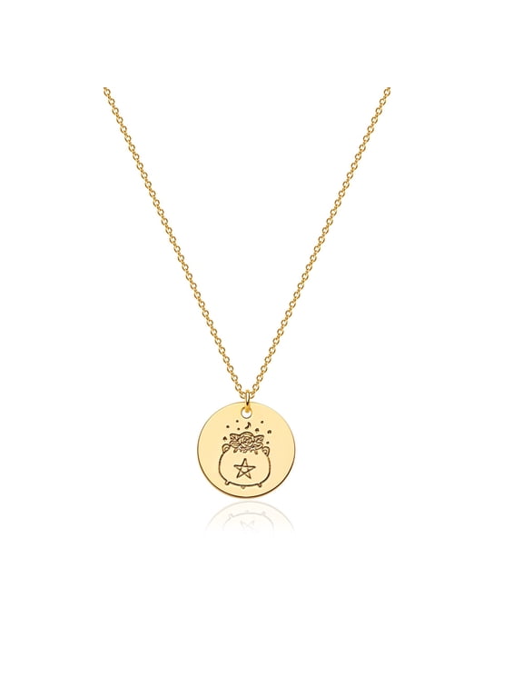 14K Gold Plated Personalized Coin Disc Celestial Patterned Engraved Pendant Chain Necklace for Women
