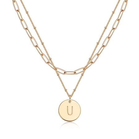 Valloey Rover 14K Gold Plated Personalized Layered Coin Disc Initial Satellite Link Chain Choker Pendant Necklace Gift for Women Letter A-Z