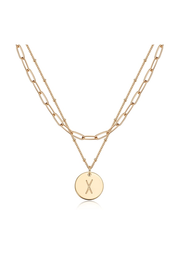 14K Gold Plated Personalized Layered Coin Disc Initial Satellite Link Chain Choker Pendant Necklace Gift for Women Letter A-Z