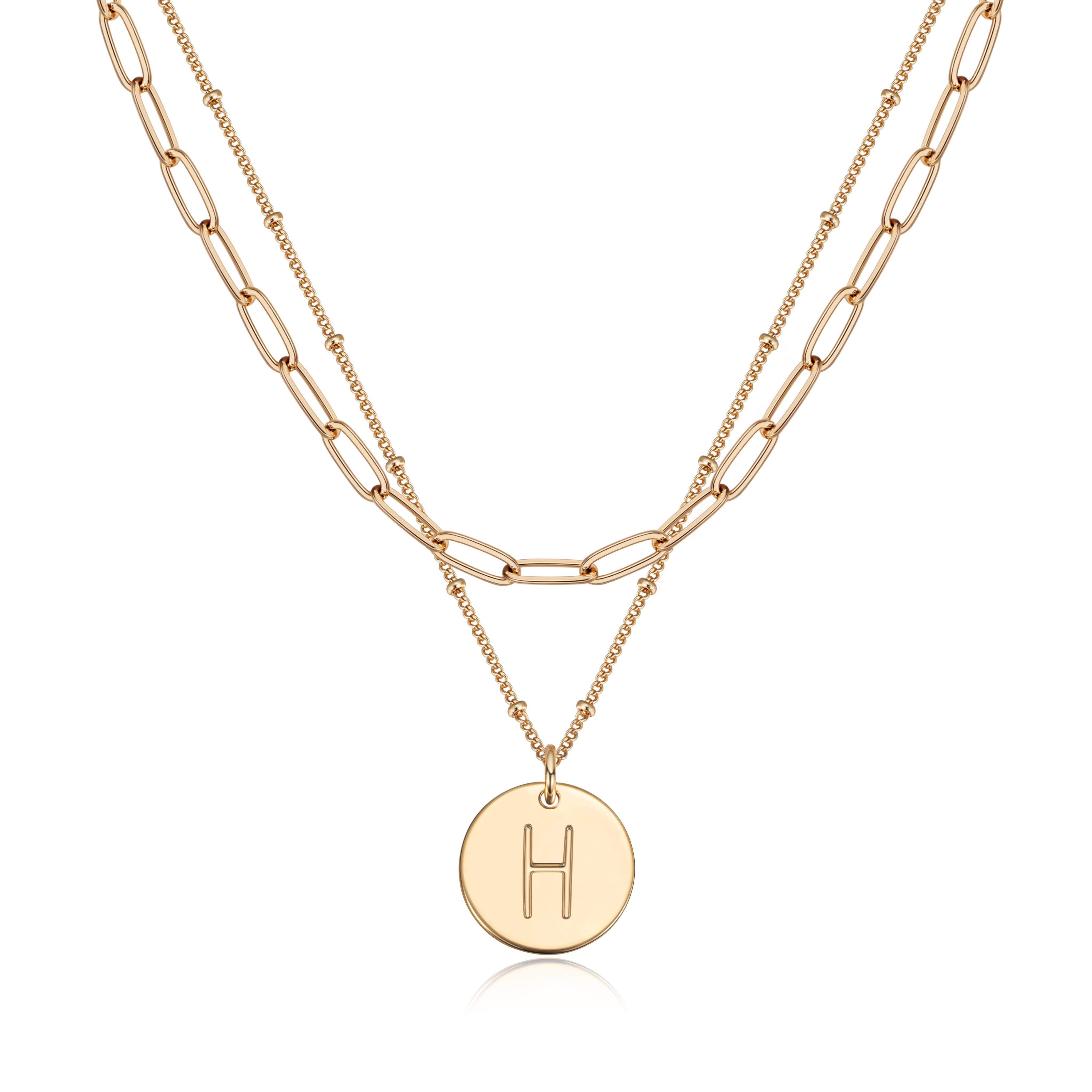 14K Gold Plated Personalized Layered Coin Disc Initial Satellite Link Chain Choker Pendant Necklace Gift for Women Letter A-Z