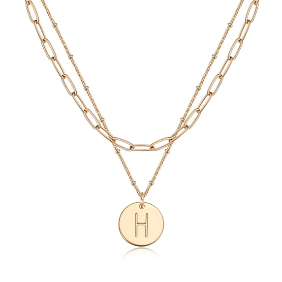 Valloey Rover 14K Gold Plated Personalized Layered Coin Disc Initial Satellite Link Chain Choker Pendant Necklace Gift for Women Letter A-Z