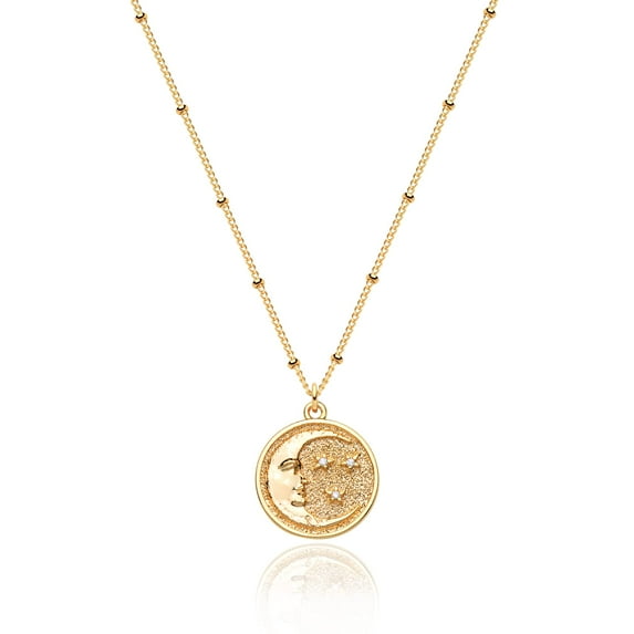 Valloey Rover 14k Gold Plated Vintage Circle Coin Carved Chunky Retro Textured Medallion Disc Pendant Necklace for Women