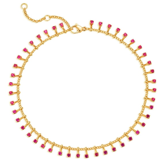 Valloey Rover 14K Gold Plated Red Corundum Rose Colored Cubic Zircon Tassel Anklet Summer Beach Bohemian Anklet For Women Jewelry Gift