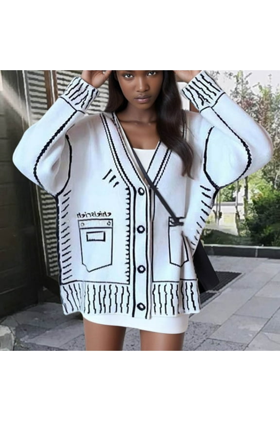 Knitting Cotton Long Sleeve Color Block Sweater Open Front Cardigan Women (XXXL, White)