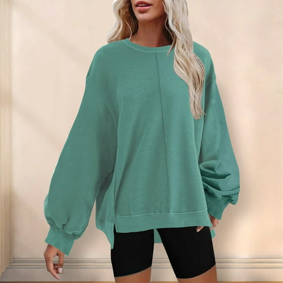 Valmass Long Sleeve Solid Color Plus Size Round Neck Pullover Casual Sweatshirt Women (M, Sky Blue)