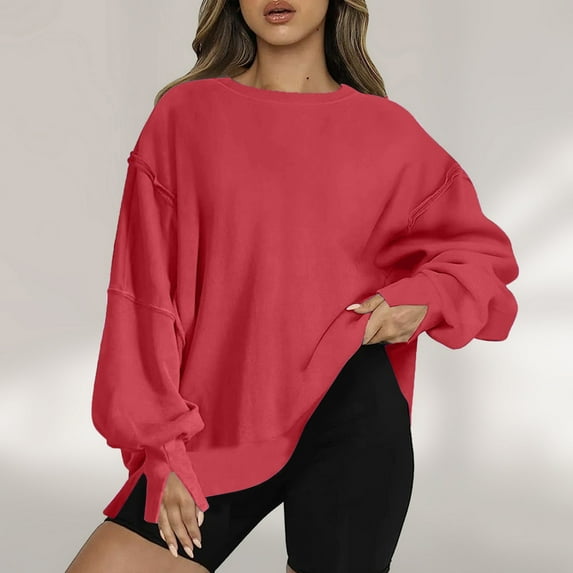 Valmass Long Sleeve Solid Color Plus Size Round Neck Pullover Casual Sweatshirt Women (XL, Watermelon Red)