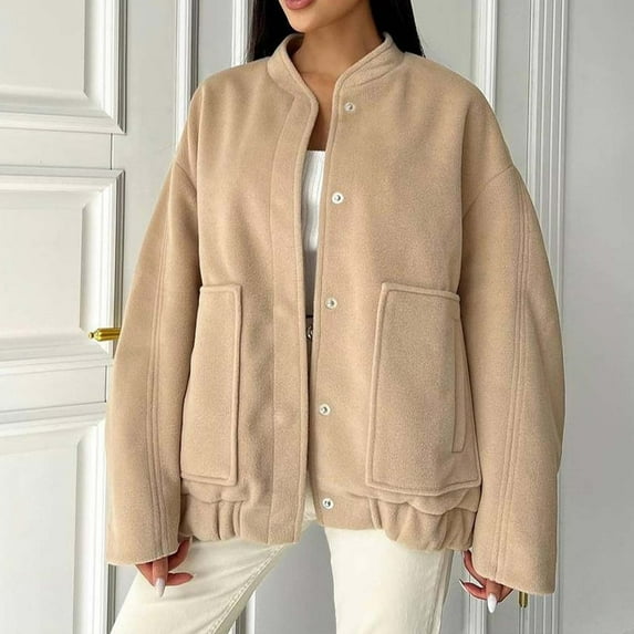 Savings Wool Long Sleeve Open Front Big Pockets Button Down Winter Solid Color Thermal Cardigan Women (XL, Khaki)