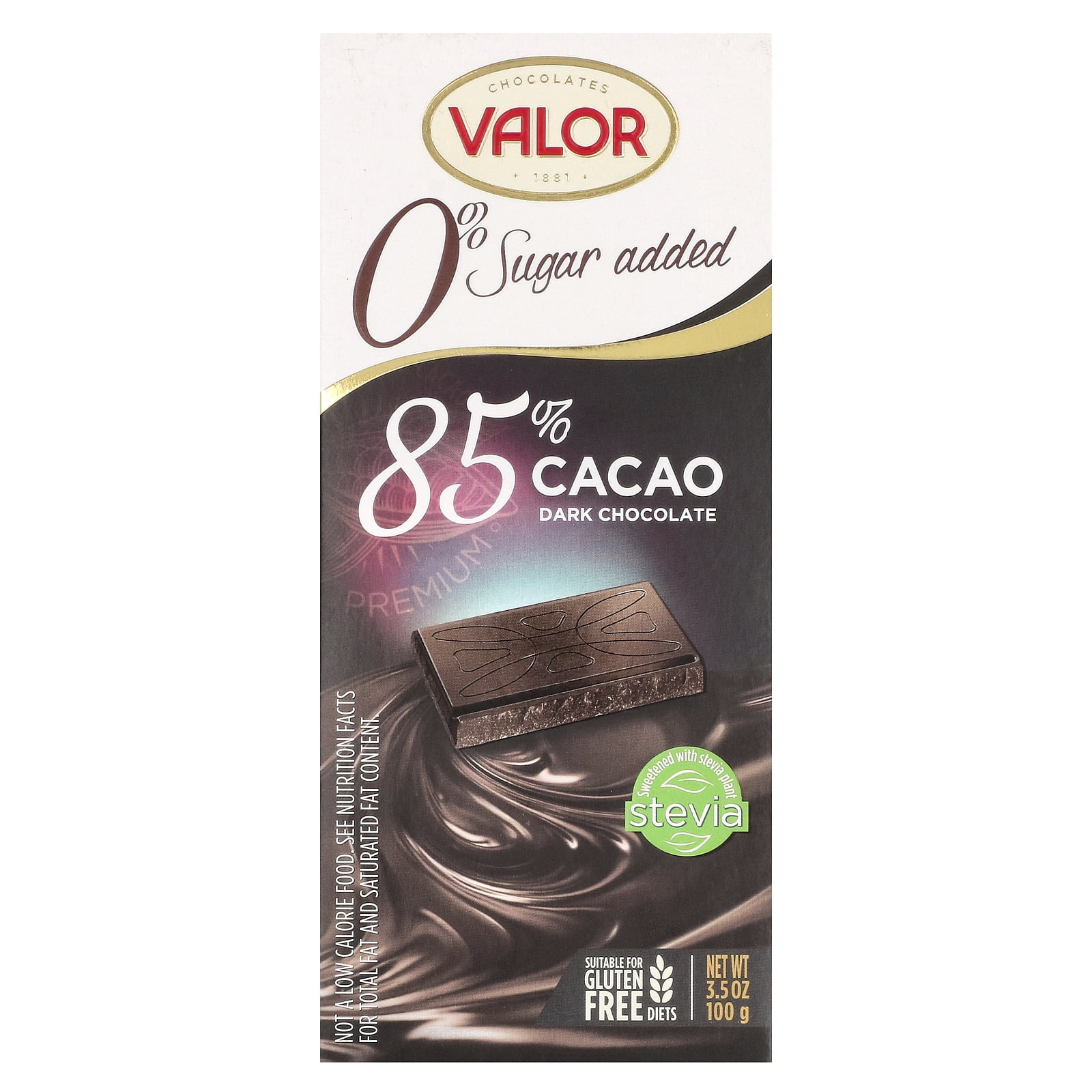 Valor 0% Sugar Added, Dark Chocolate, 85% Cacao, 3.5 oz (100 g)