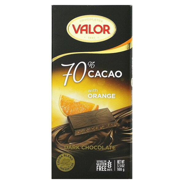Valor, Dark Chocolate with Orange, 70% Cocoa, 3.5 oz 