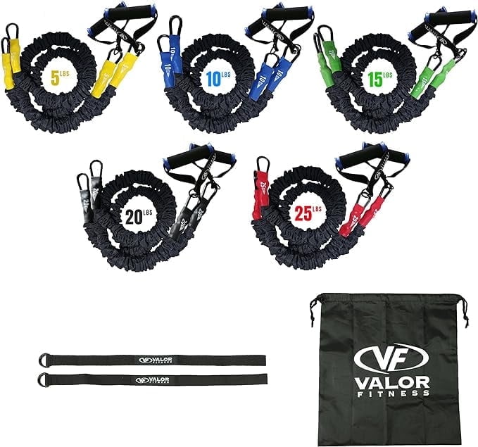 Valor Fitness Resistance Bands – Includes 5 Sets of Bands Included - 5 - 25 lbs.– Carabiners Attached - 2 Grip Handles Per Set, 2 Rack Straps, Bag - Mobility Exercise