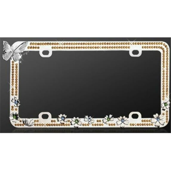 Valor Charming Butterfly License Plate With A Blend Of Colorful Flowers Design With Yellow Crystals