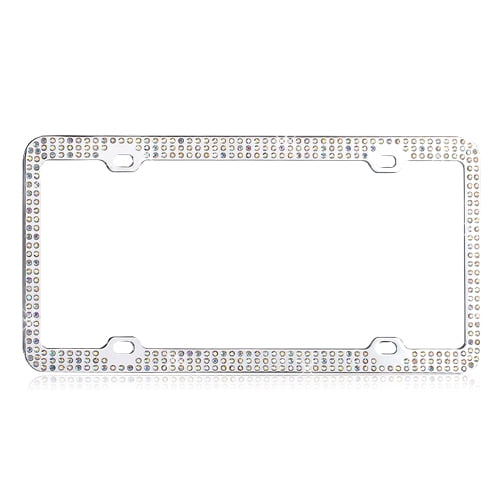 Chrome Metal Car Truck SUV License Plate Frame Triple Row Multicolor Crystals