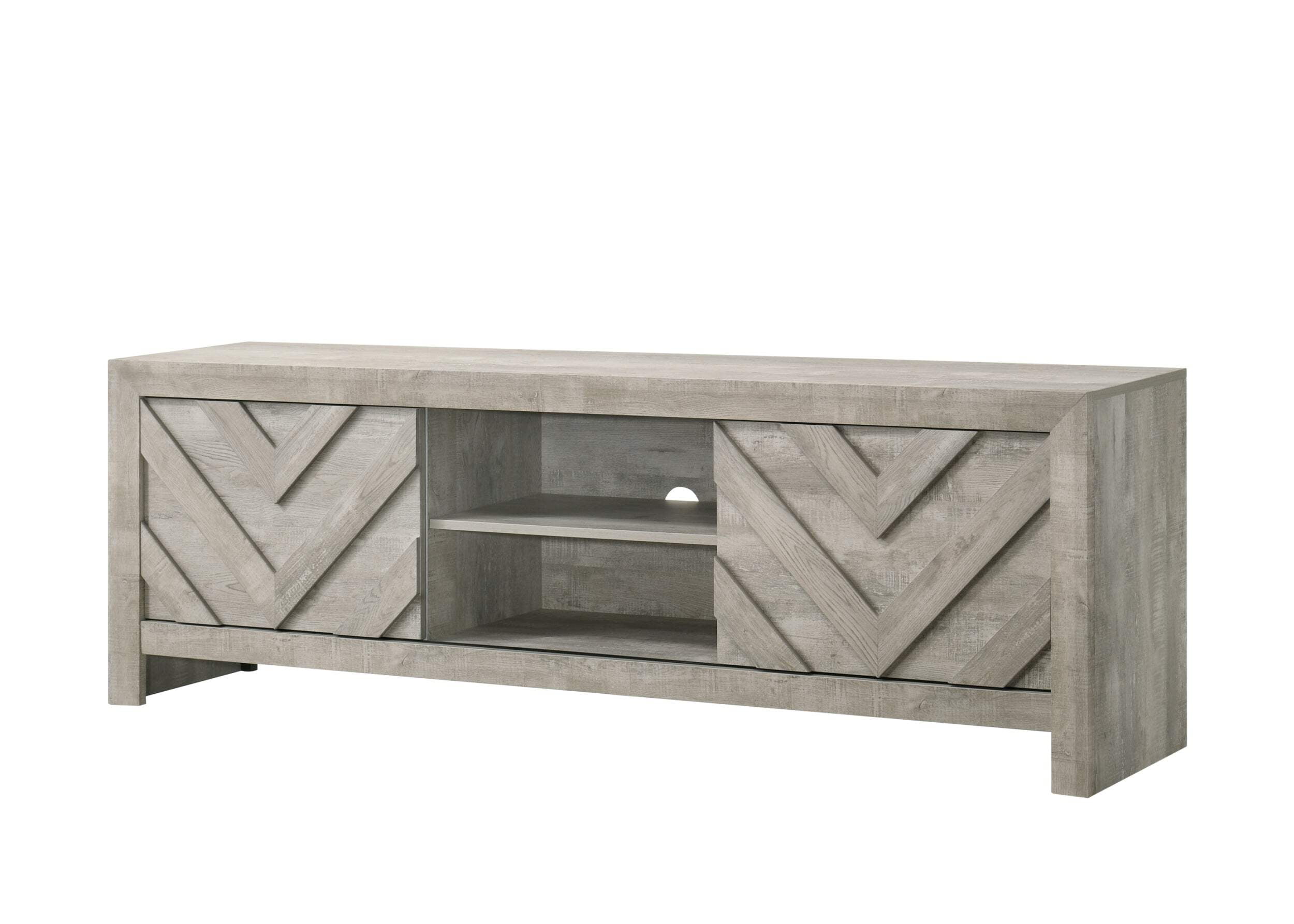 Antique White Chevron Pattern TV Stand with Sliding Doors