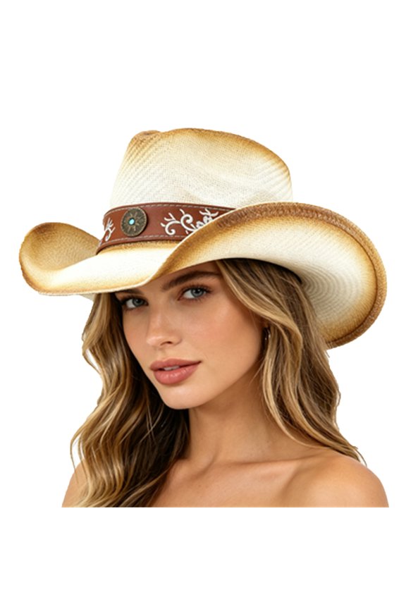 Beachy Raffia Cowboy Hat For Sunny Summer With Wide Brim Boho Ranch Style Lightweight Sun Outdoor Accessory Beige