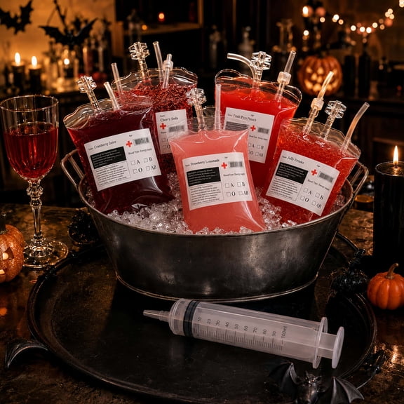 Valora Bella 10 Pack Blood Bags for Drinks - 11.5 oz Halloween IV Bags for Drinks with 100 mL Syringe Labels & Clips - Drink Pouches for Halloween Party Decorations Vampire Zombie Party Favors