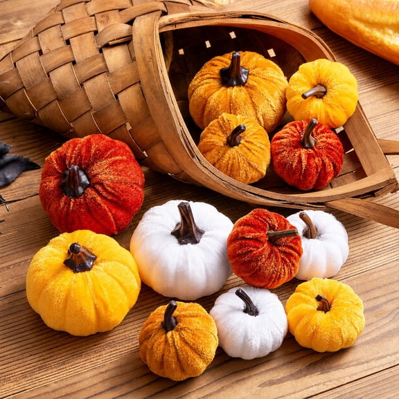 Valora Bella 12 PCS Velvet Pumpkins Fall Decor - 3" Halloween Mini Faux Fabric Pumpkins Orange Yellow Red White - Harvest Pumpkin Decorations for Thanksgiving Table Centerpiece, Tiered Tray, Mantel