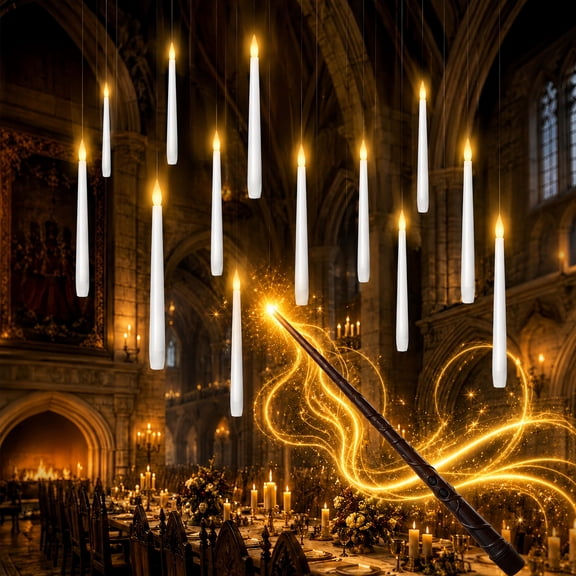 Valora Bella 12PCS Flameless Floating Candles with Wand - 6.7" Magic LED Hanging Taper Candles with Line - Battery Operated Flickering White Candles for Halloween Christmas Party Decor