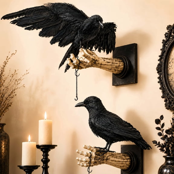 Valora Bella 2-Pack Realistic Crows Halloween Decor - 13" Lifesize Extra Large Handmade Black Feathered Crow & Raven Decorations - Standing & Flying Fake Crow Set for Porch Yard Mantel Indoor Outdoor