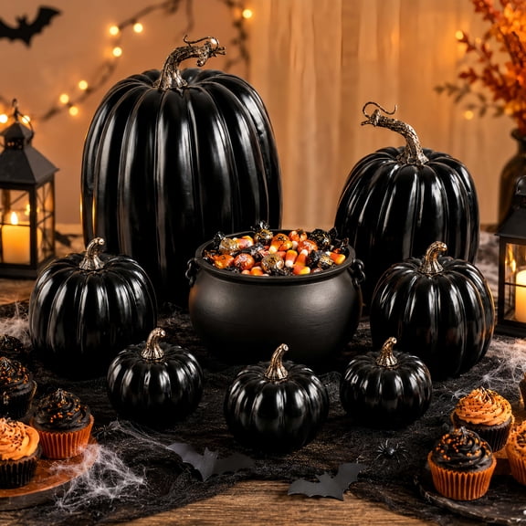 Valora Bella 7PCS Pumpkin Decor Artificial Pumpkins Halloween Decorations - Assorted Faux Rustic Decorative Foam Pumpkins - Autumn Fall Halloween Decor for Table Centerpieces Mantel Porch (Black)