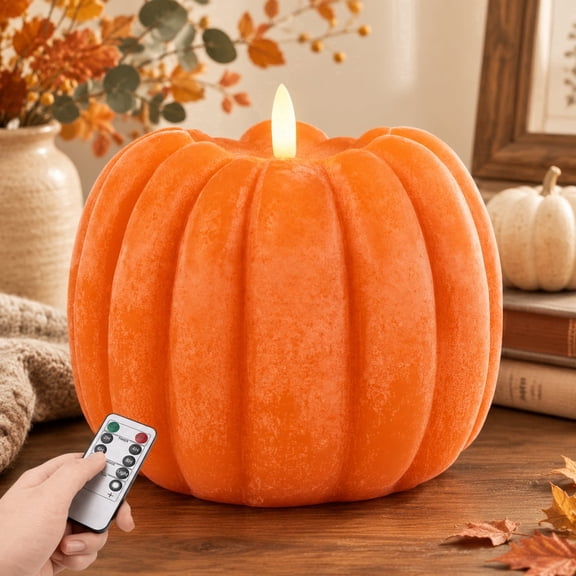 Valora Bella Flameless Pumpkin Candle Fall Decor - 4.9" Wax LED Pumpkin Candle with Remote Timer - Flickering Fall Decorations for Home, Thanksgiving Table Centerpiece, Autumn Farmhouse Decor(Orange)