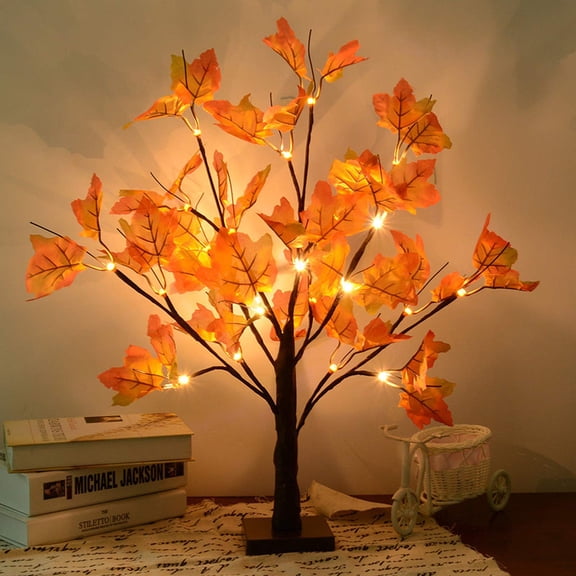 Valora Bella Lighted Fall Maple Tree - 24" Artificial Autumn Tree 24 LED Battery Operated Orange Autumn Maple Leaf Table Lights - Cozy Fall Decor for Home, Thanksgiving & Harvest Decorations