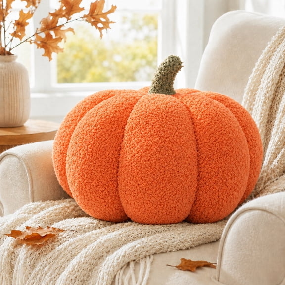 Valora Bella Pumpkin Pillow, 6x12 Inch Teddy Fleece Pumpkin Throw Pillow, Cute Fall Pillow for Couch Sofa Bed Bedroom, Halloween Pillow for Fall Room Decor, Pumpkin Decorations and Fall Gifts(Orange)
