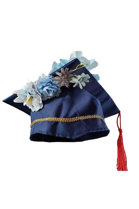 Chinese Traditional Doctor Hat For Kids Graduation Cap Floral Unisex Academic Square Mortarboard Blue