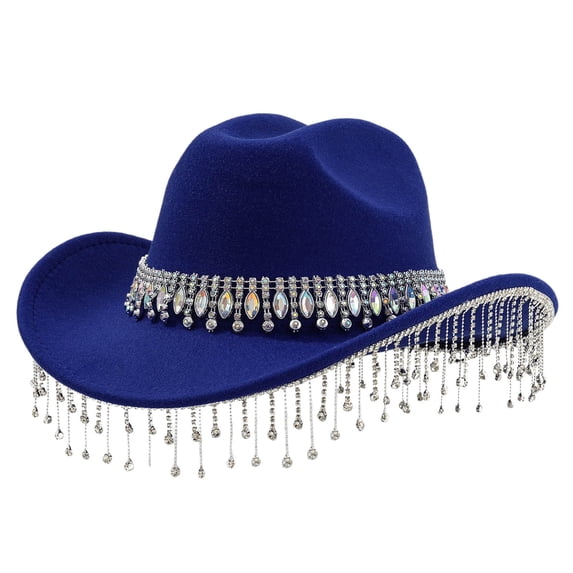 Valora Elegant Western Cowboy Hat for Parties and Events with Large Fringe Rhinestones - Unisex Style for Home and Outings Blue
