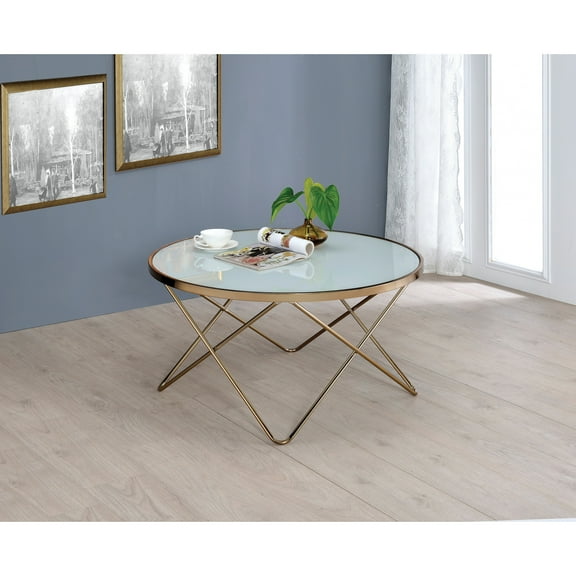 Valora Frosted Glass Top & Champagne Finish Round Coffee Table: Modern & Stylish Living Room Centerpiece
