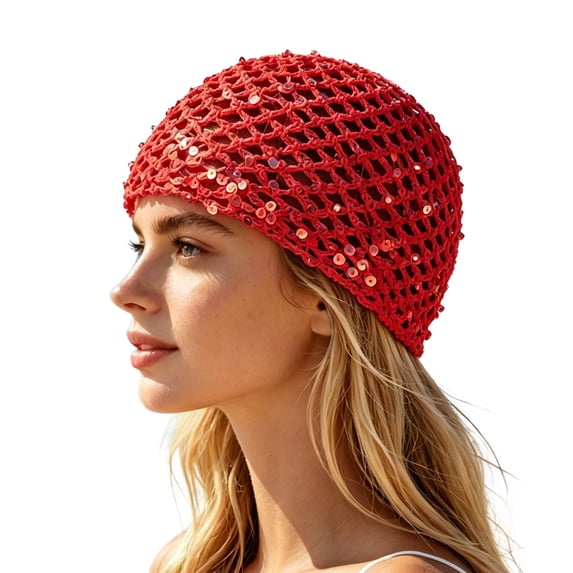 Valora Glitter Sequin Mesh Boho Hollow Out Beret For Beach Travel Party Fashion Hat Red