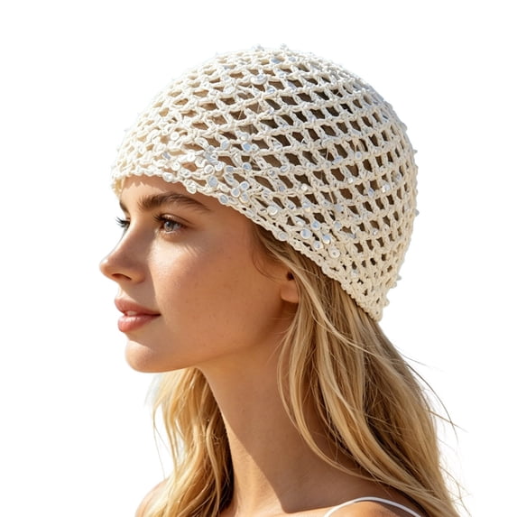 Valora Glitter Sequin Mesh Boho Hollow Out Beret For Beach Travel Party Fashion Hat White
