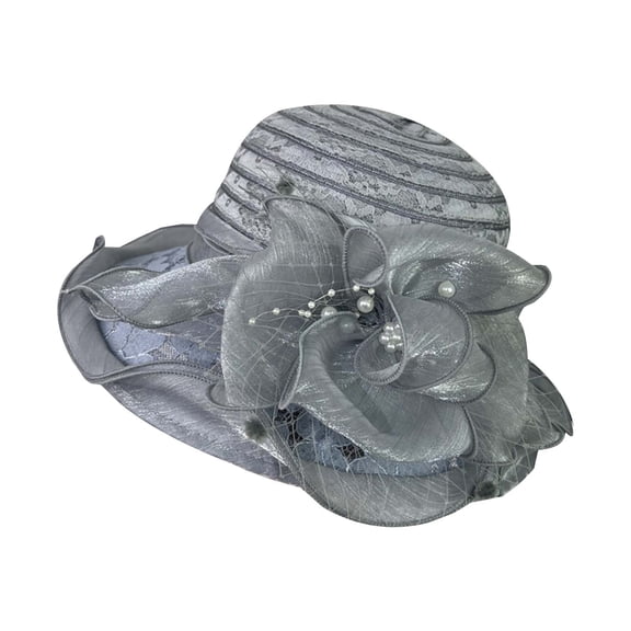 Valora Lady's French Chapeau Summer Sun Hat With Floral Embellishments Wide Brim Netted Beach Suitable Gray Gray