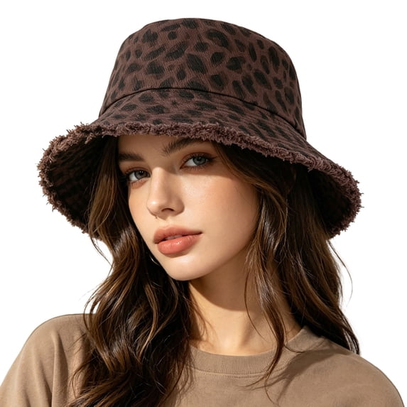 Valora Leopard Summer Outdoor Hiking Denim Wide Brim Sun Hat Brown Brown