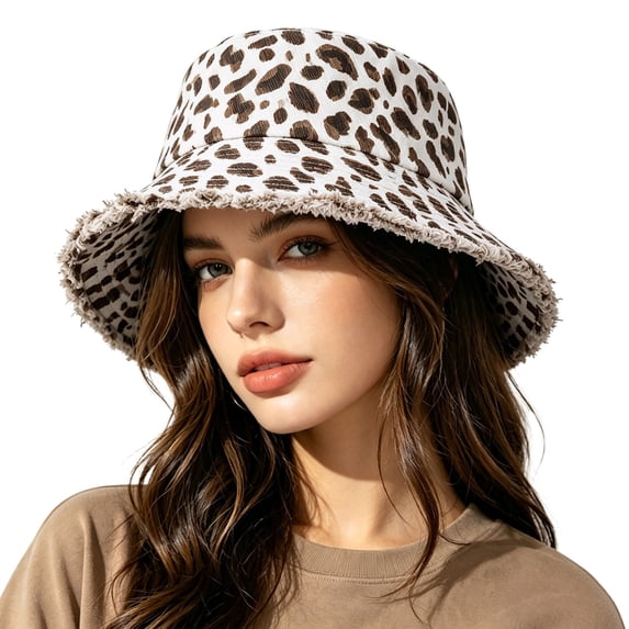 Valora Leopard Summer Outdoor Hiking Denim Wide Brim Sun Hat White White