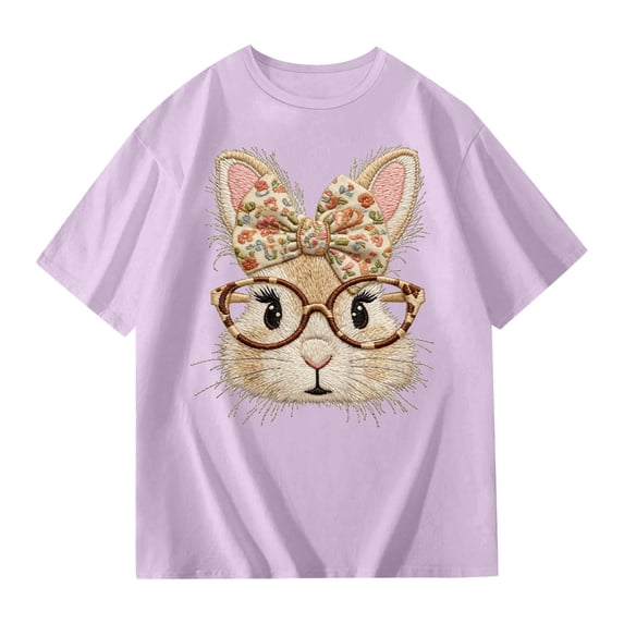 Valora Little Kid Adorable Bunny Bow Print Short Sleeve Tennis Tee Soft Casual Blended Top for Girls Purple 5-6 Years