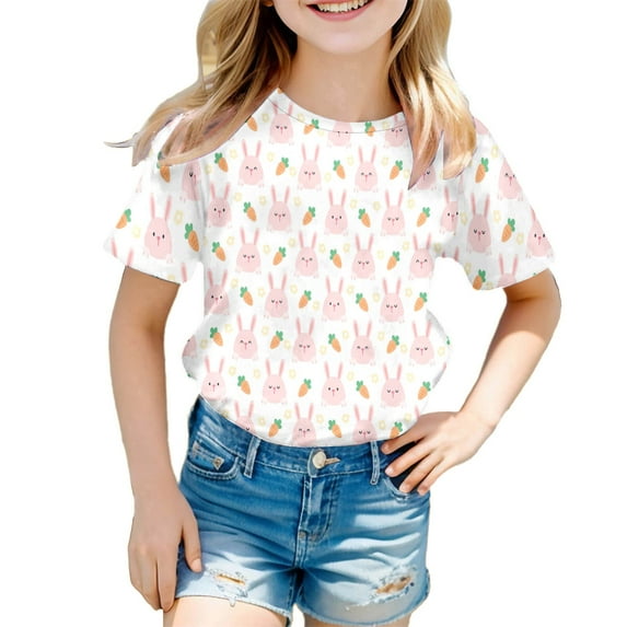 Valora Little Kid Easter Print Round Neck Loose Fit Casual Short Sleeve Tee for Girls Fashion Top White 4-5 Years
