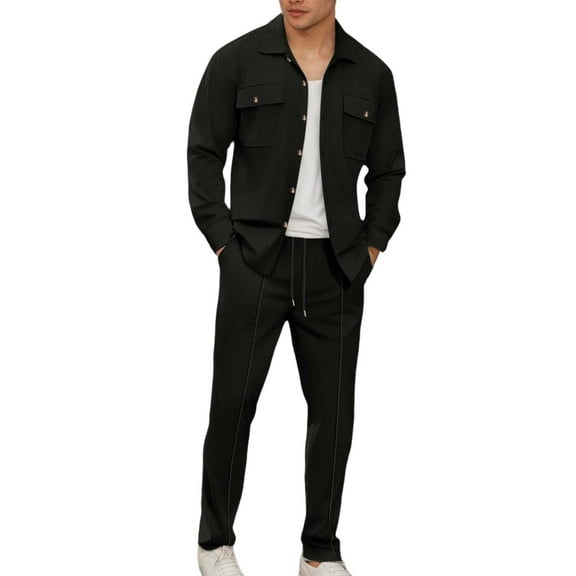Valora Men Fahion Outfit Knit Long Sleeve Shirt and Pants Set for Everyday Casual Workwear with Pure Color Finish and Comfortable Fit Black M