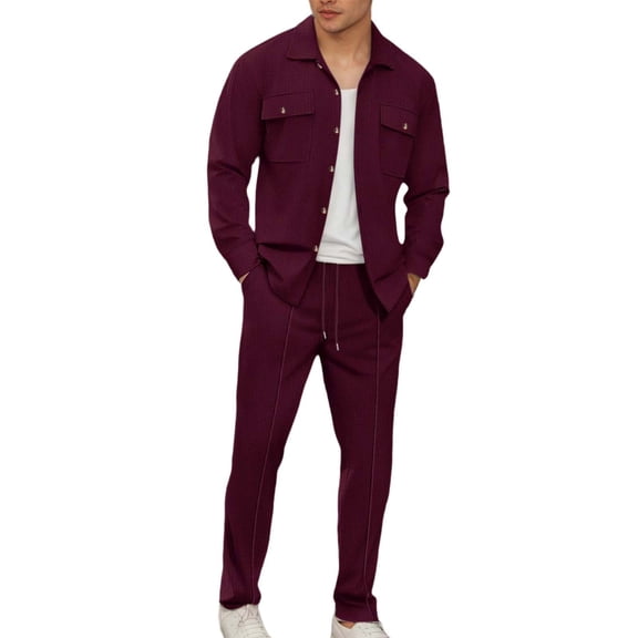 Valora Men Fahion Outfit Knit Long Sleeve Shirt and Pants Set for Everyday Casual Workwear with Pure Color Finish and Comfortable Fit Brick Red M