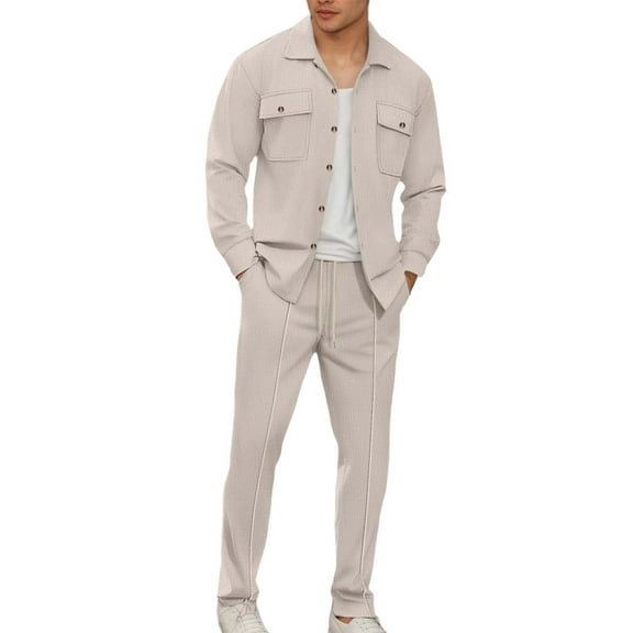 Valora Men Fahion Outfit Knit Long Sleeve Shirt and Pants Set for Everyday Casual Workwear with Pure Color Finish and Comfortable Fit Khaki L
